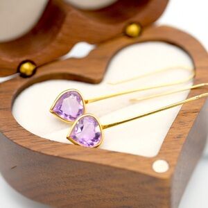 14K Yellow Gold Amethyst Drop earrings 1.5” dangle minimalist Luxe jewelry
